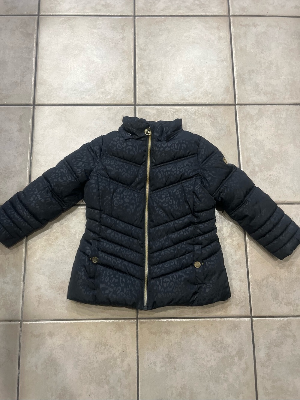 Michael Kors Black Quilted Puffer Jacket with Subtle Leopard Print